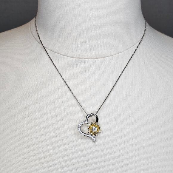 Sunflower Heart Necklace Silvertone Goldtone Clear Rhinestones Appx 21 inches - Picture 2 of 7